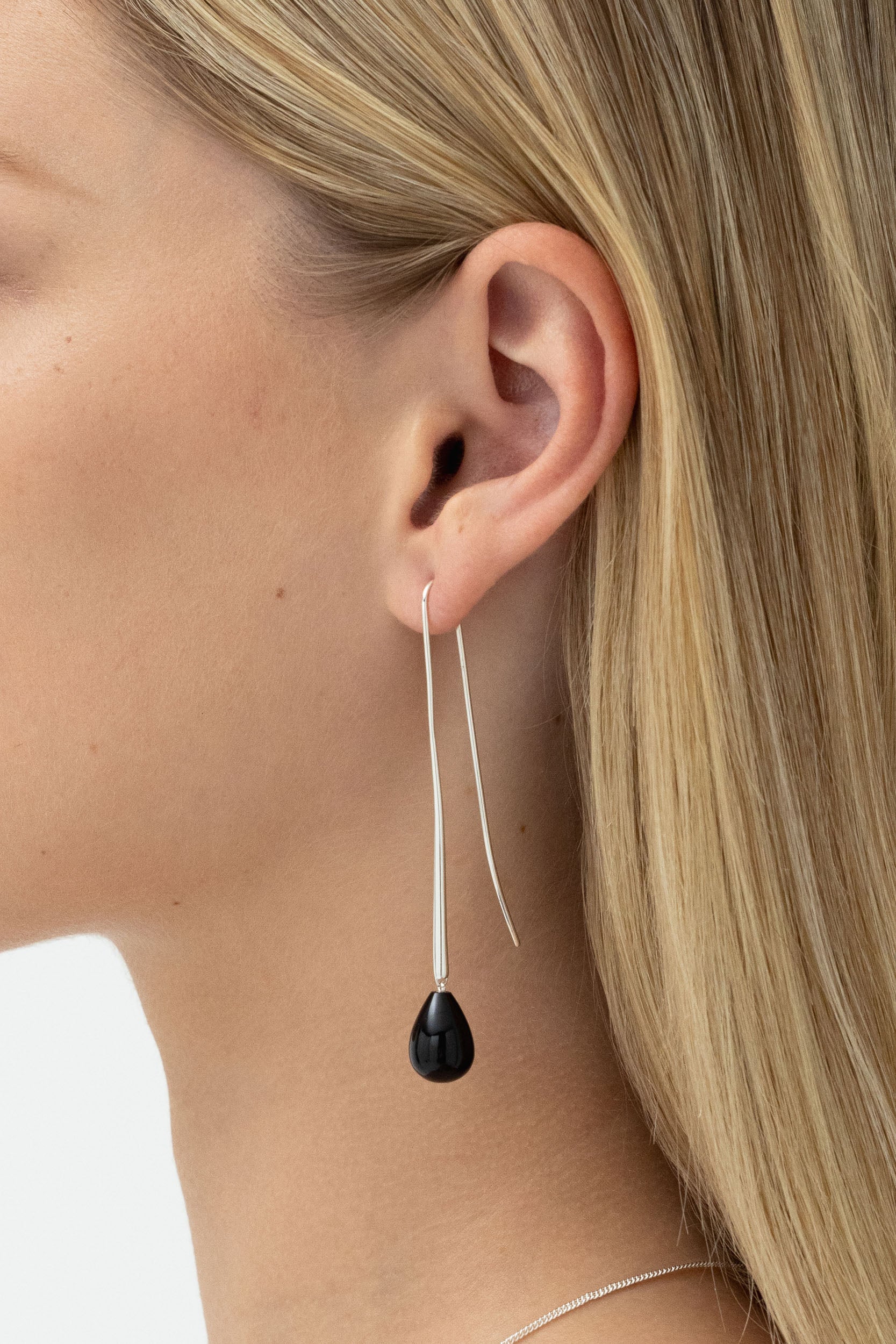 Ethically sourced Black Onyx drop earrings, 73mm length, recycled Sterling Silver