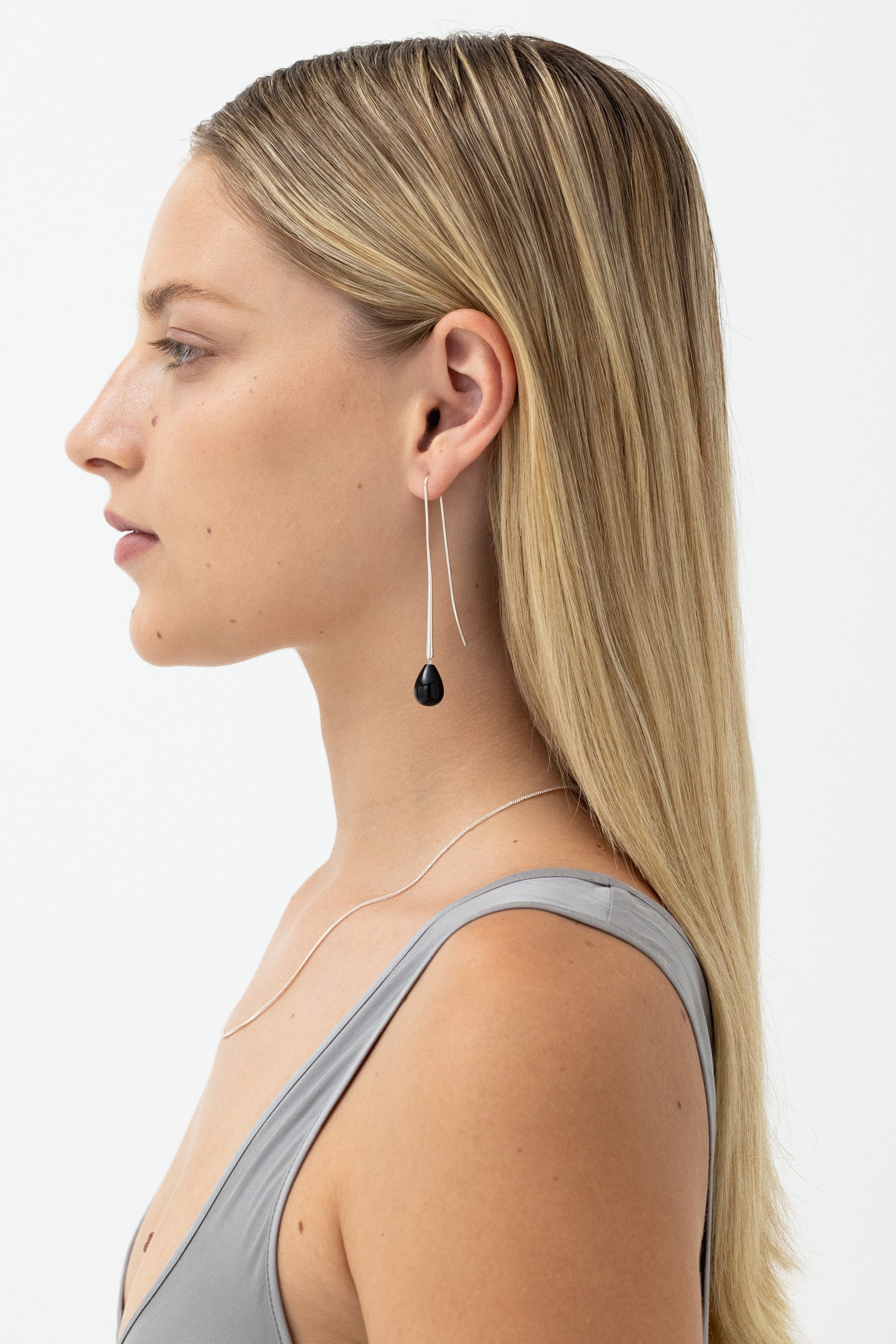 Minimalist Black Onyx drop earrings, 73mm length, ethically sourced Sterling Silver